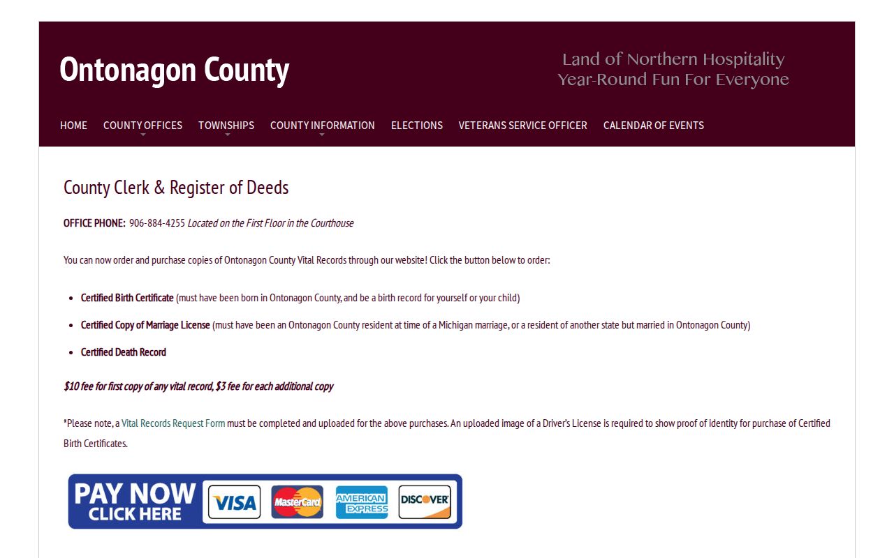 Ontonagon County criminal records County Clerk and circuit file contact